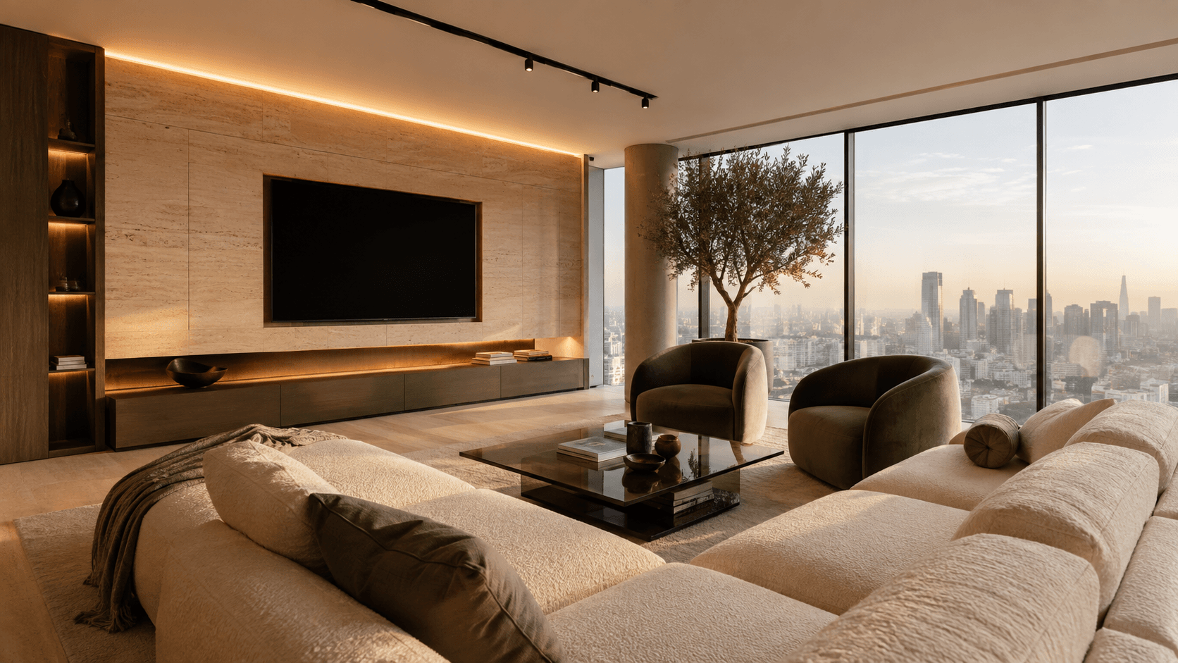Residential interior at golden hour with panoramic glazing and refined contemporary finishes